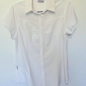 COLUMBIA SPORTS SHIRT LG OMNI SUN BUTTON  DN CAP SLEEVE ZIP POCKET COLLARED POLY